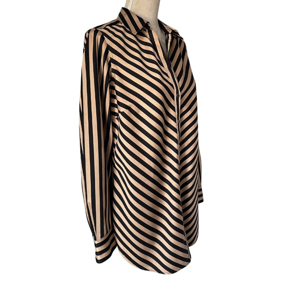 Foxcroft NYC Striped Button Down Shirt Womens 10 Black Beige Long Sleeve Cotton - Picture 3 of 10